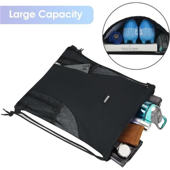 Drawstring Backpack Gym Sackpack with Mesh Pockets Water Resistant String Bag - Picture 2 of 7